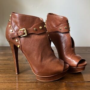 Michael Kors brown leather peep toe booties, size 7.5